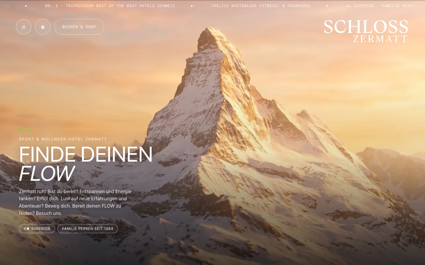 Scroll-Flug-Website eines Hotels, Ansicht beim Anflug auf das Matterhorn